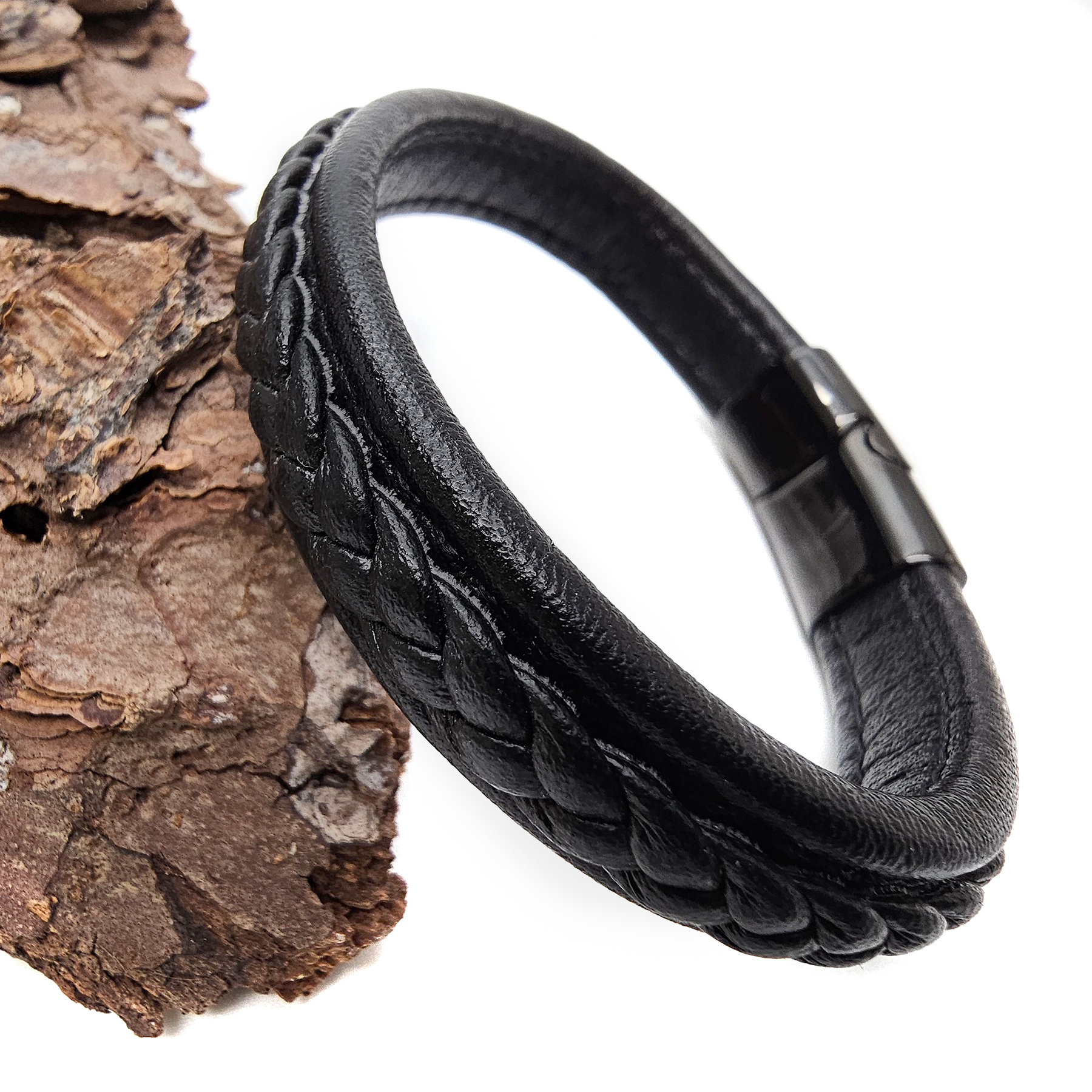 Lederarmband flach mit geflochtener Lederschnur - 12 mm - Schwarz. Größe: 21 cm (L)