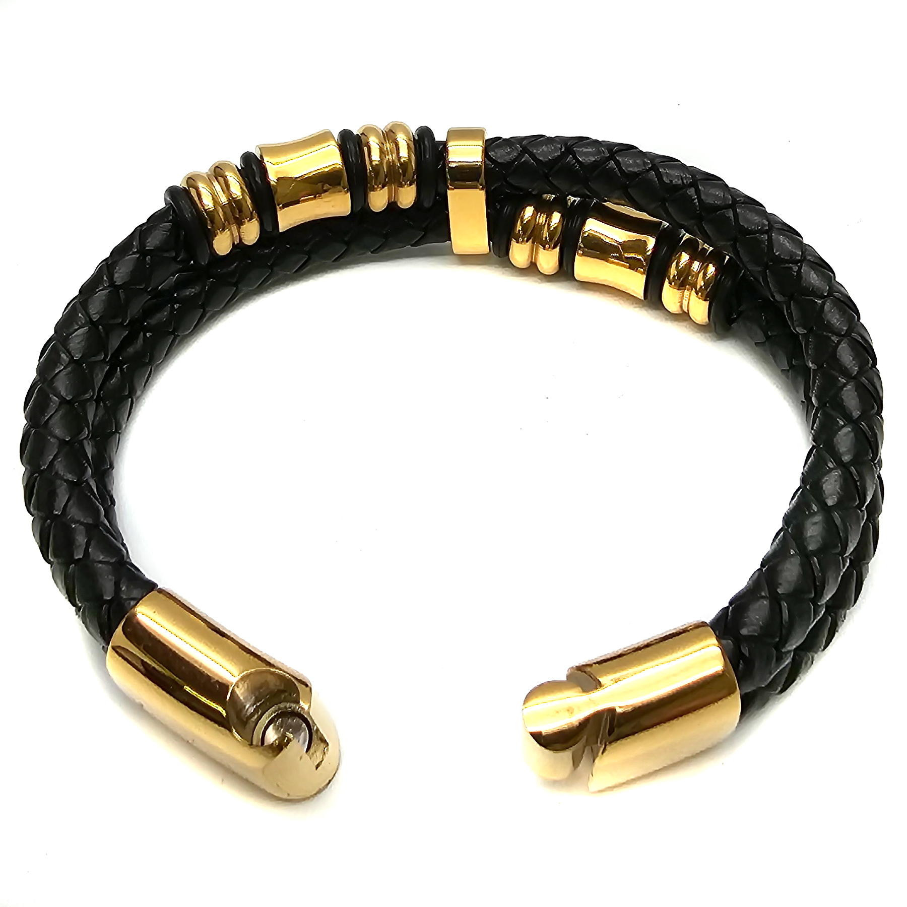 Geflochtenes Lederarmband - 2 Lederbänder - Gold Details - Schwarz. Größe: 21 cm (L)