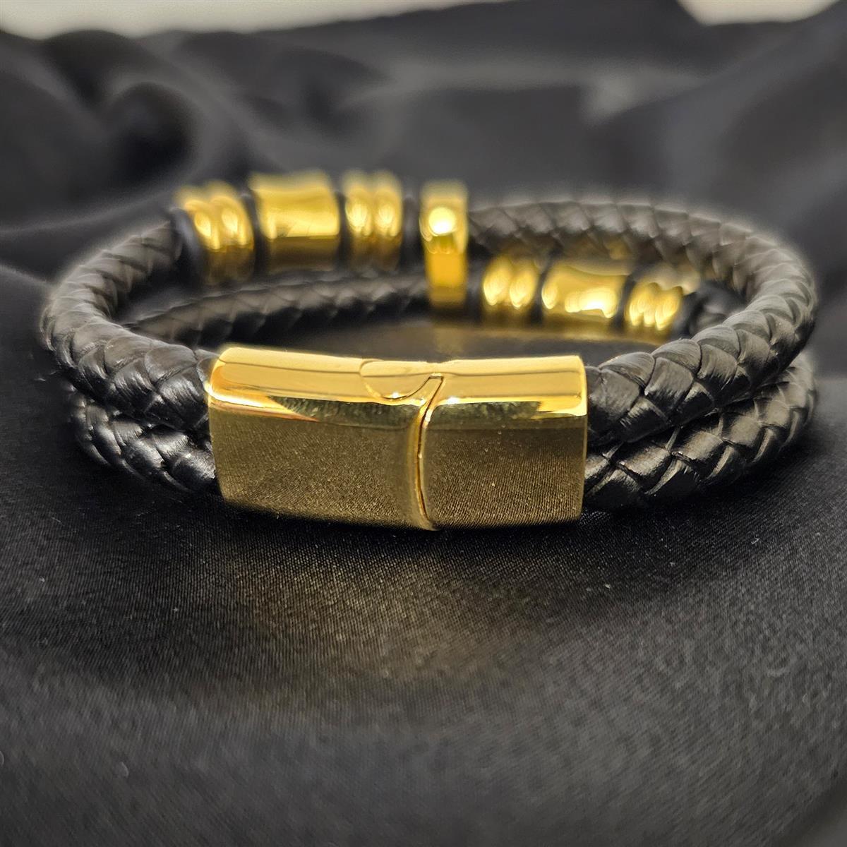 Geflochtenes Lederarmband - 2 Lederbänder - Gold Details - Schwarz. Größe: 21 cm (L)