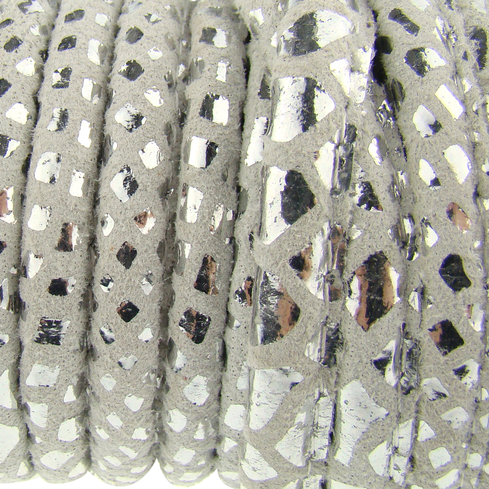 Lederschnur Oval gesäumt | Dicke:  5 mm - Muster Weiß-Silber. Länge: 5 m