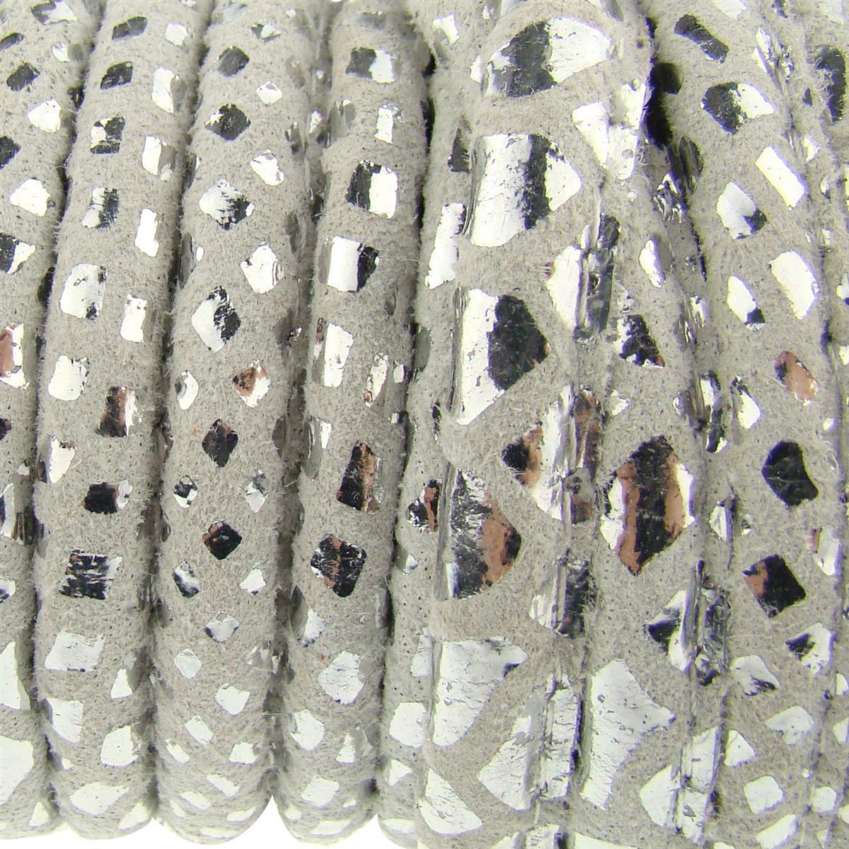 Lederschnur Oval gesäumt | Dicke: 5 mm - Muster Weiß-Silber