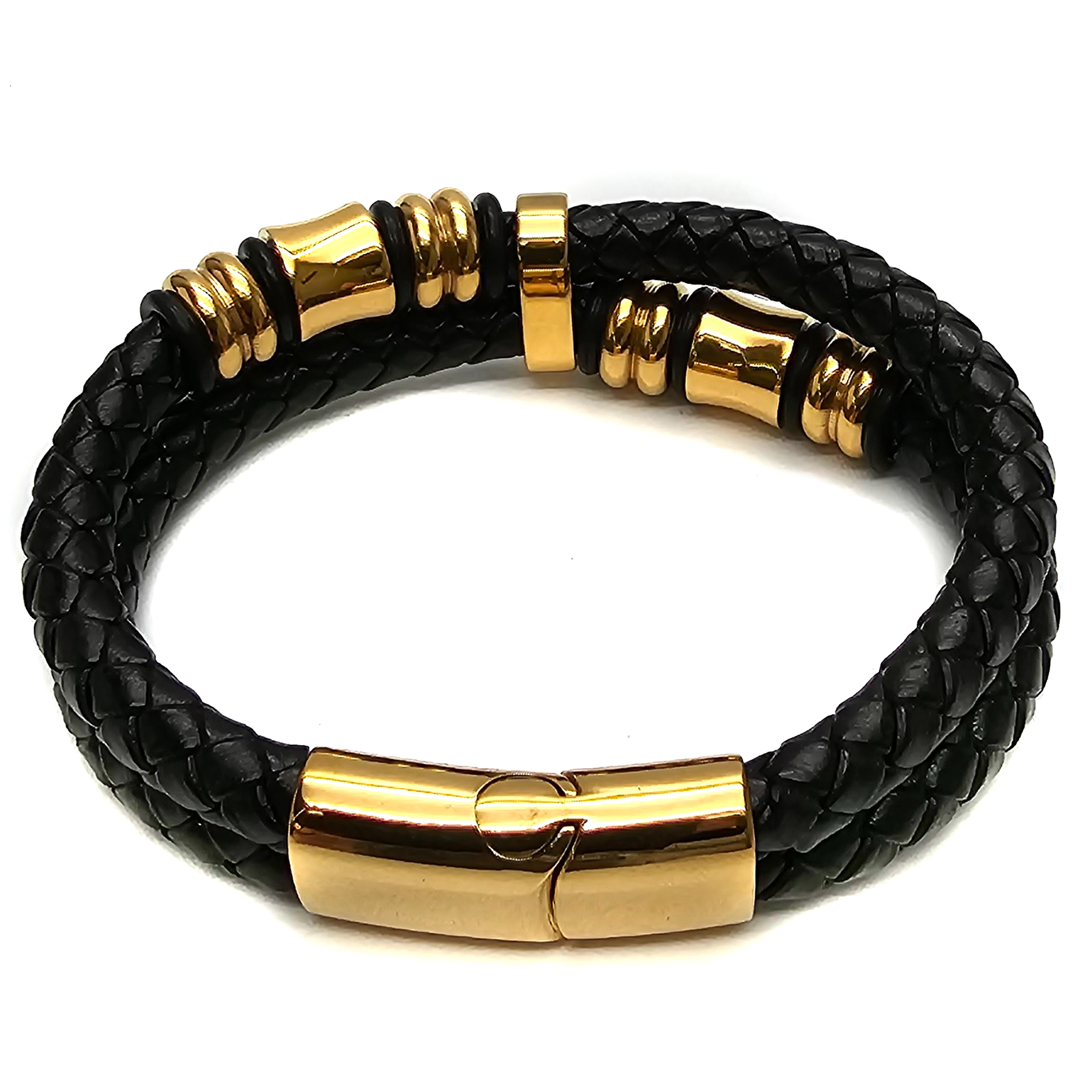 Geflochtenes Lederarmband - 2 Lederbänder - Gold Details - Schwarz. Größe: 22 cm (XL)