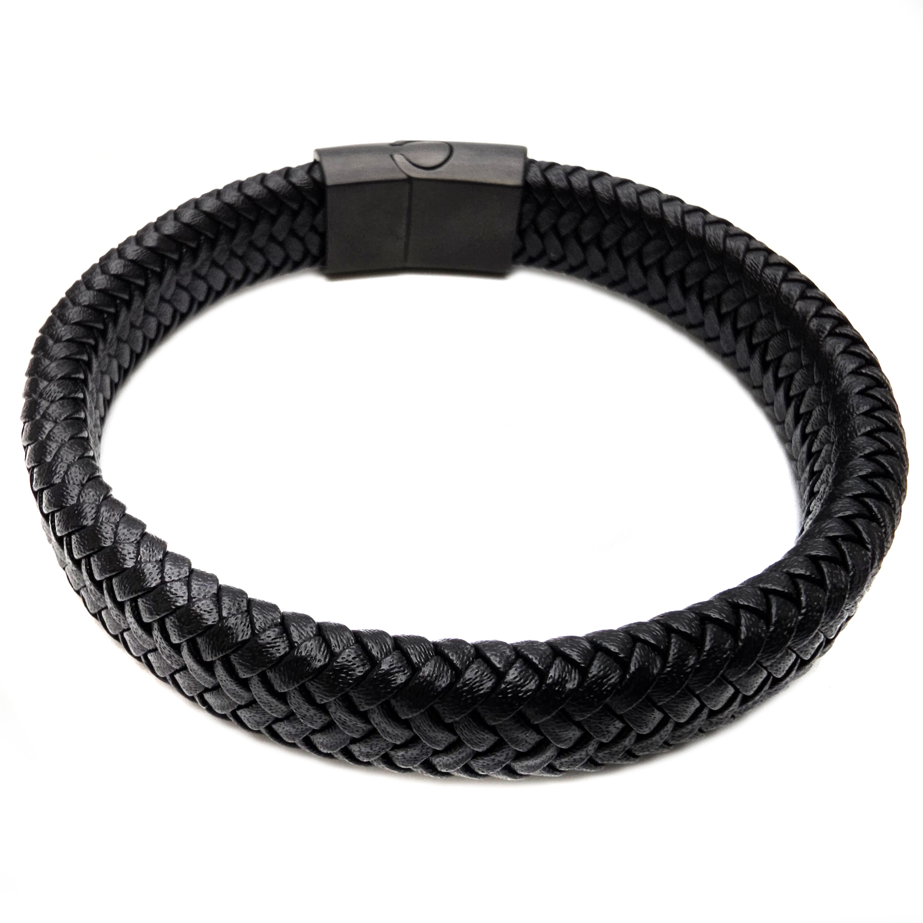 Geflochtenes Lederarmband flach fein - 12 mm Breite - Schwarz - matt schwarzer Verschluss. Größe: 21 cm (L)