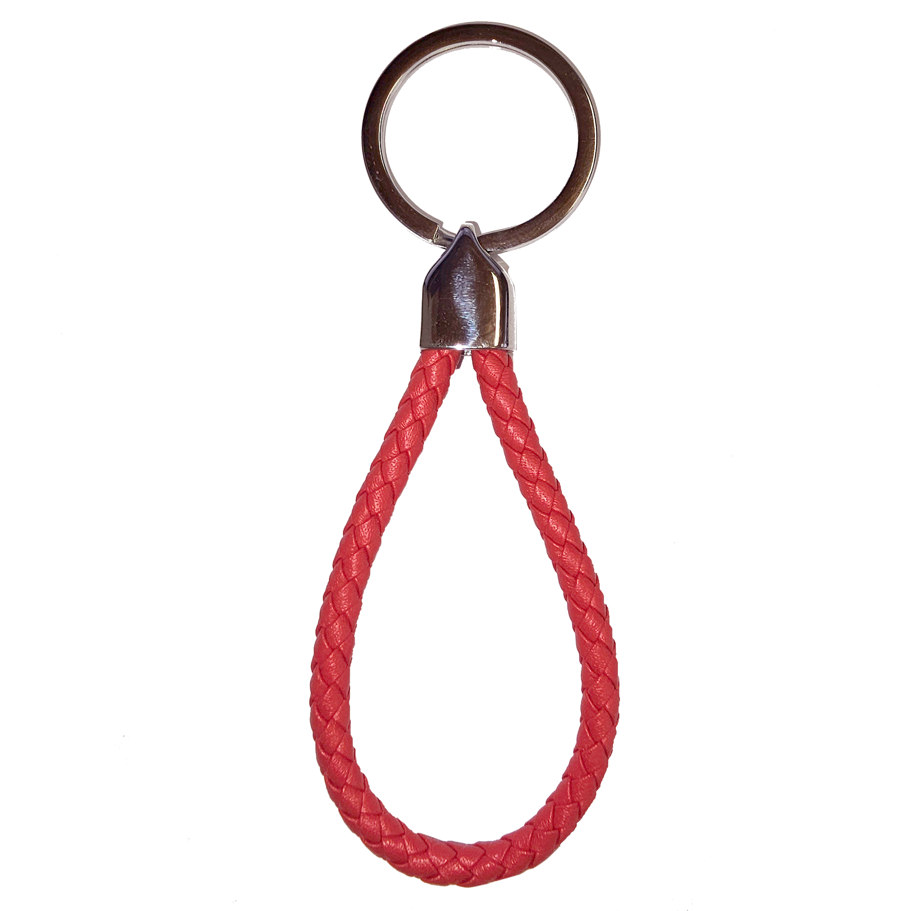 Roter Schlüsselanhänger aus Leder geflochten mit Edelstahlring