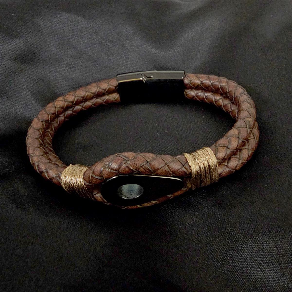 Geflochtenes Lederarmband mit Edelstahlelementen in Antikbraun