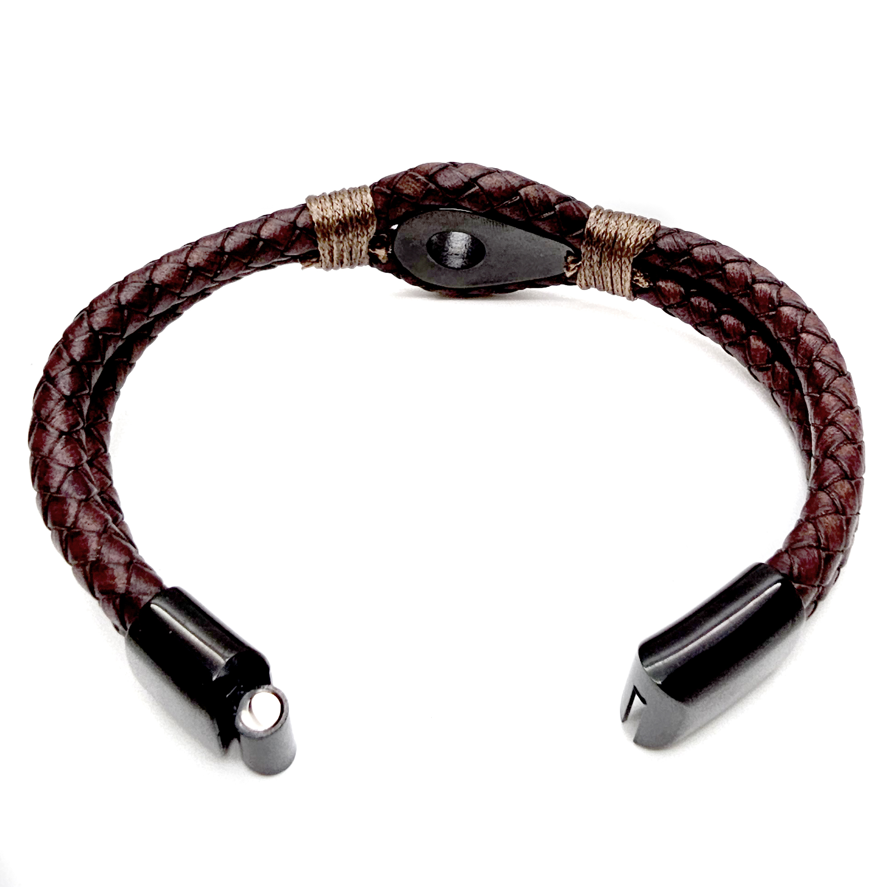 Geflochtenes Lederarmband mit Edelstahlelementen in Antikbraun
