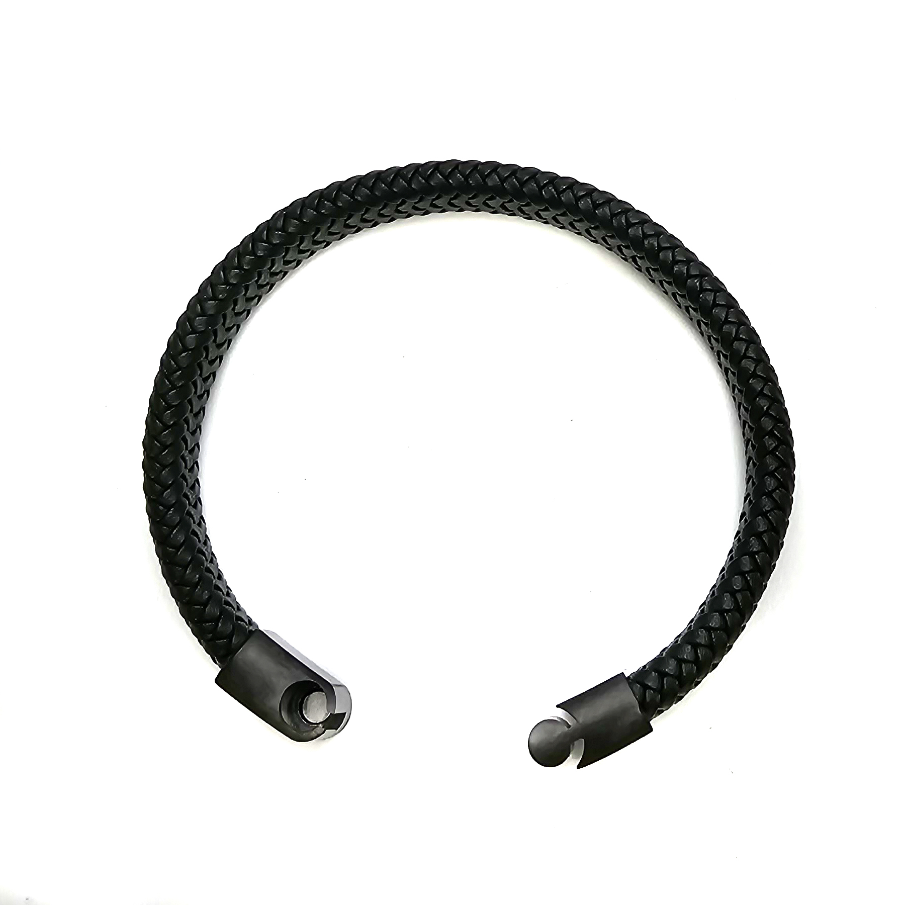 Geflochtenes Lederarmband flach fein - 12 mm Breite - Schwarz - matt schwarzer Verschluss. Größe: 21 cm (L)