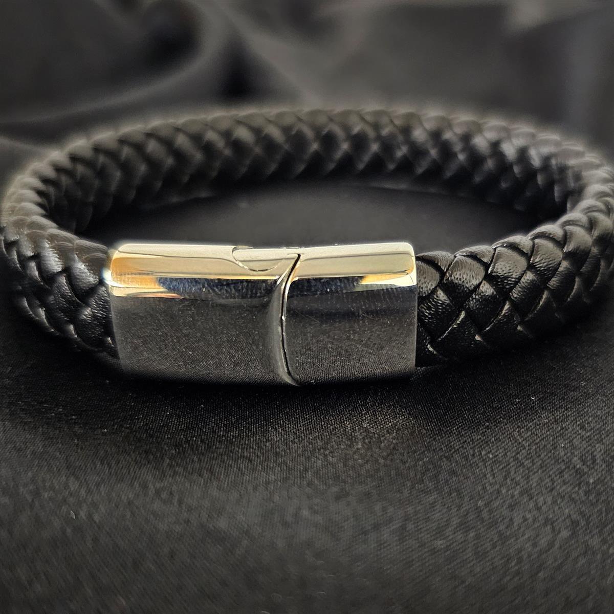Geflochtenes Lederarmband flach - 12 mm Breite - Schwarz. Größe: 19 cm (S)