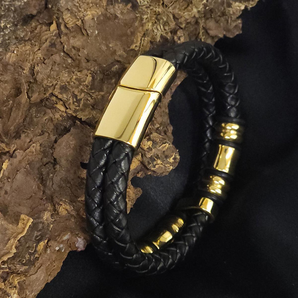 Geflochtenes Lederarmband - 2 Lederbänder - Gold Details - Schwarz. Größe: 21 cm (L)