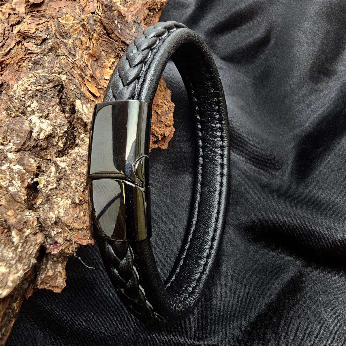 Lederarmband flach mit geflochtener Lederschnur - 12 mm - Schwarz. Größe: 19 cm (S)
