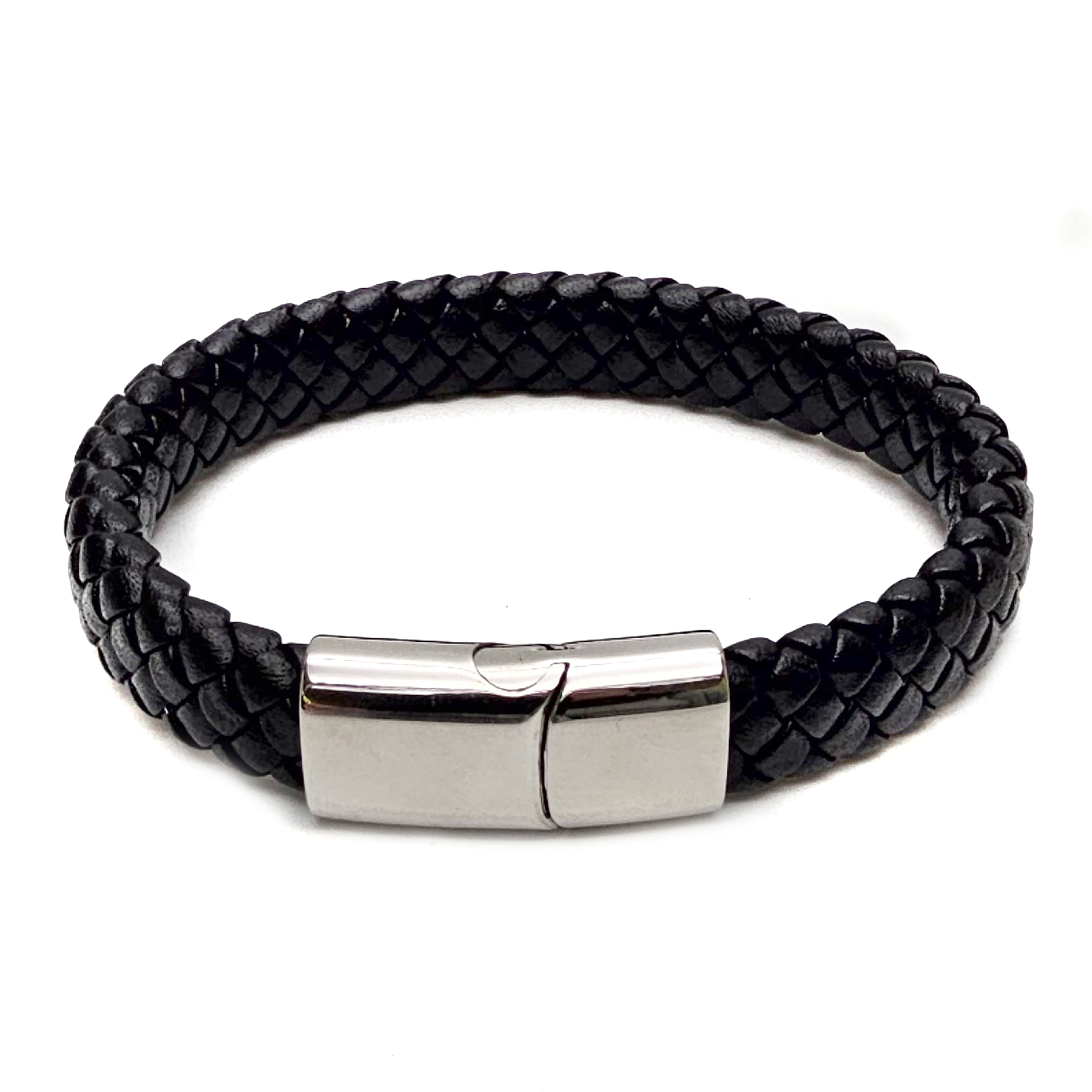 Geflochtenes Lederarmband flach - 12 mm Breite - Schwarz. Größe: 20 cm (M)