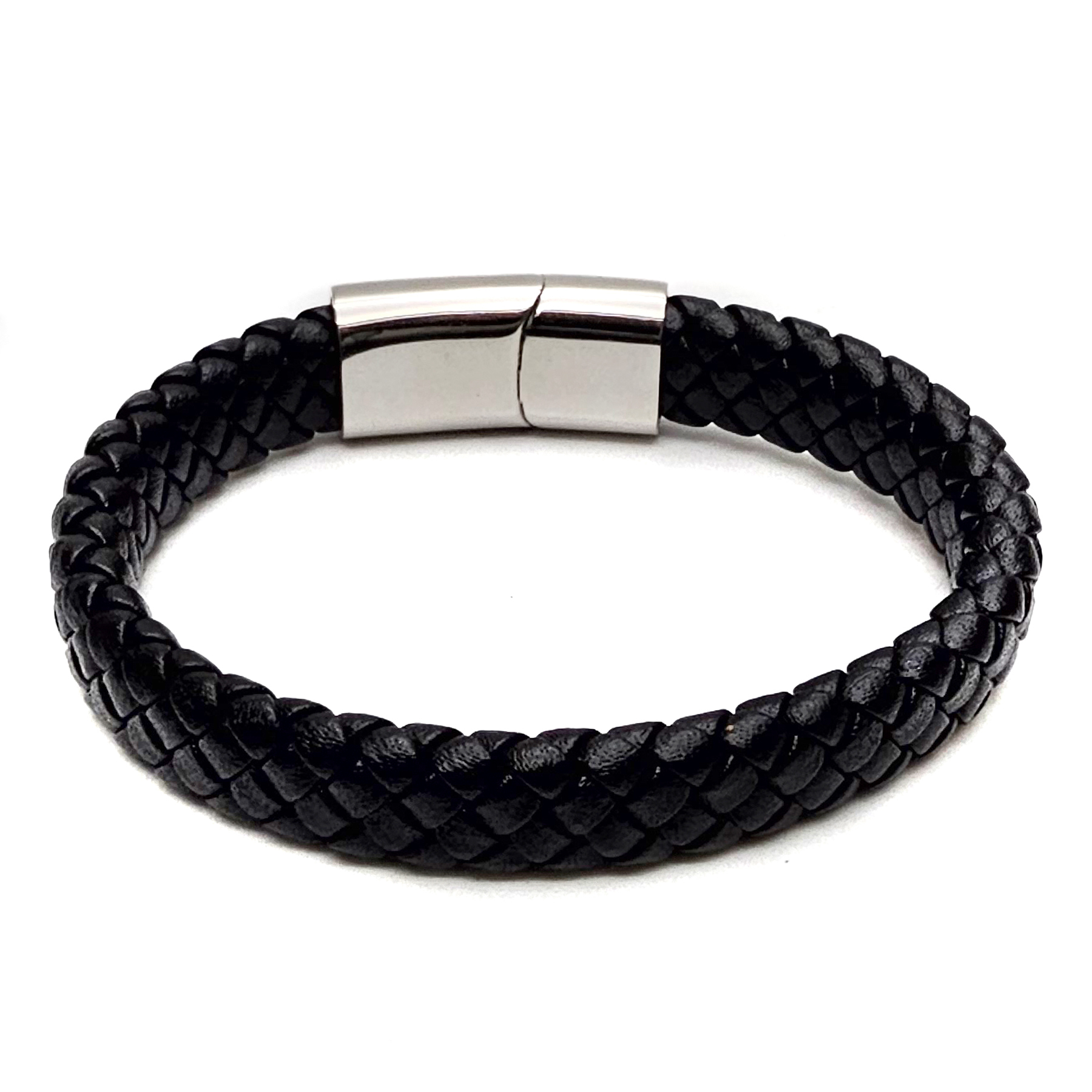 Geflochtenes Lederarmband flach - 12 mm Breite - Schwarz. Größe: 20 cm (M)