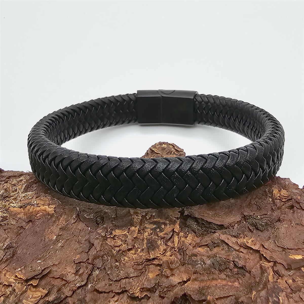Geflochtenes Lederarmband flach fein - 12 mm Breite -  Schwarz - matt schwarzer Verschluss