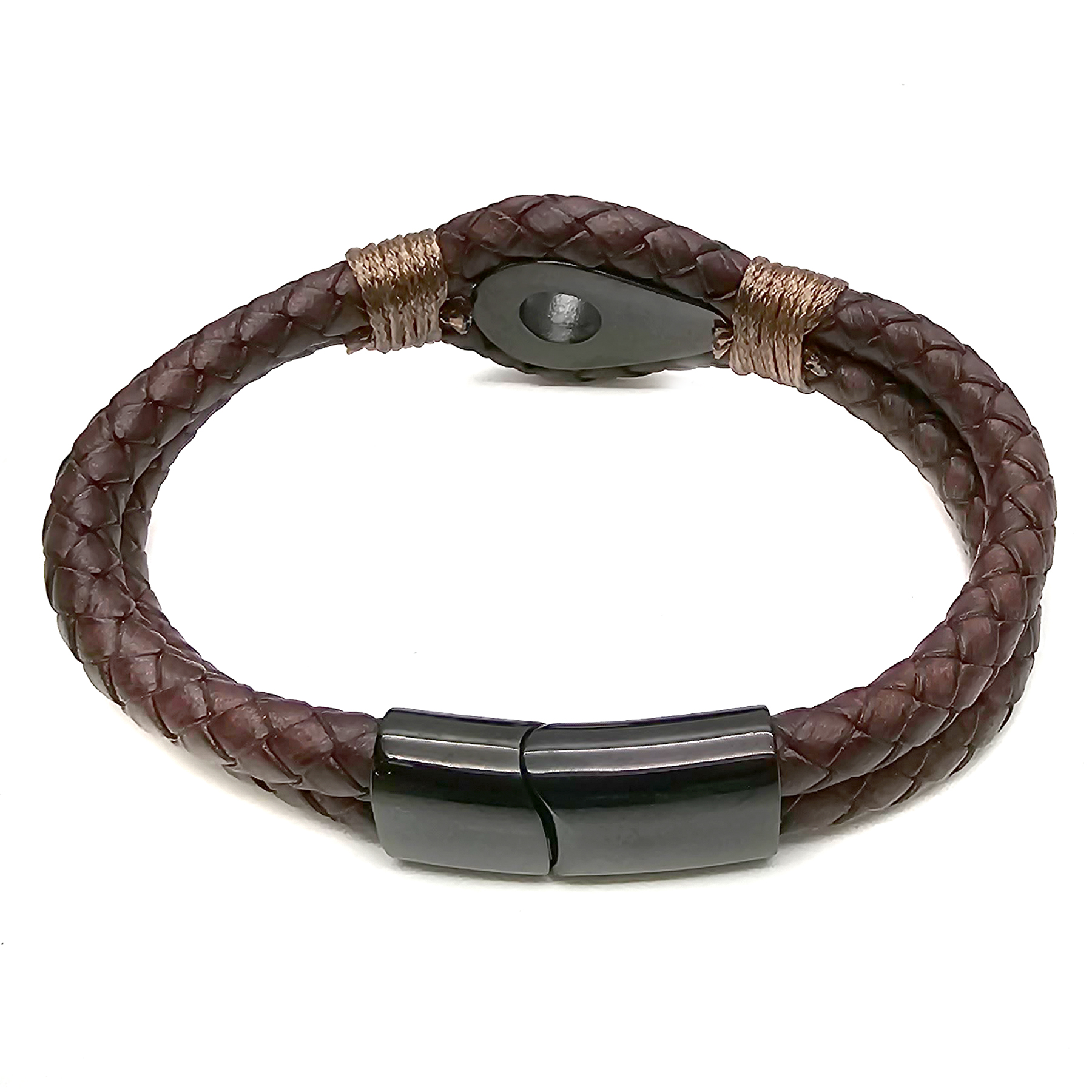 Geflochtenes Lederarmband mit Edelstahlelementen in Antikbraun