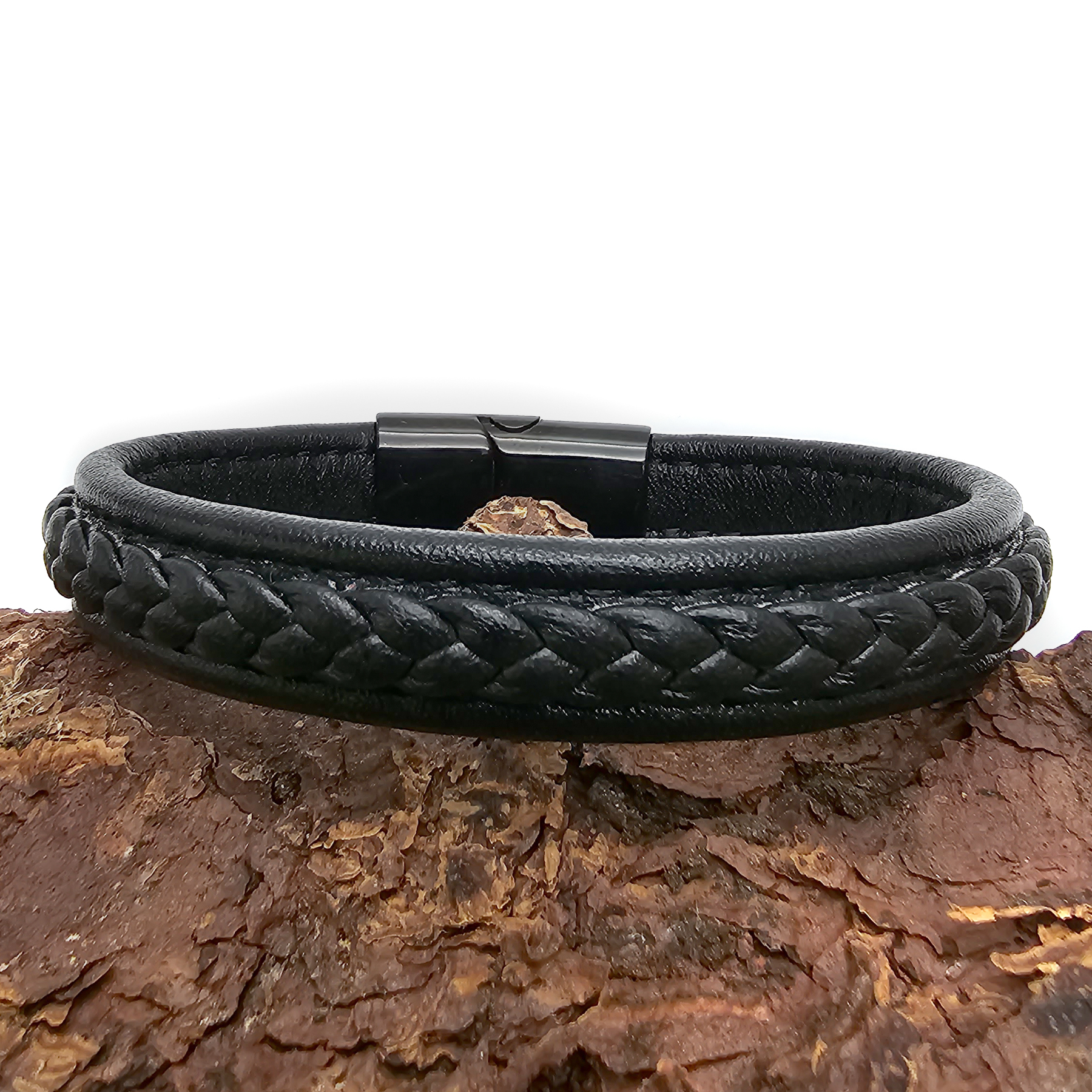 Lederarmband flach mit geflochtener Lederschnur - 12 mm - Schwarz. Größe: 21 cm (L)