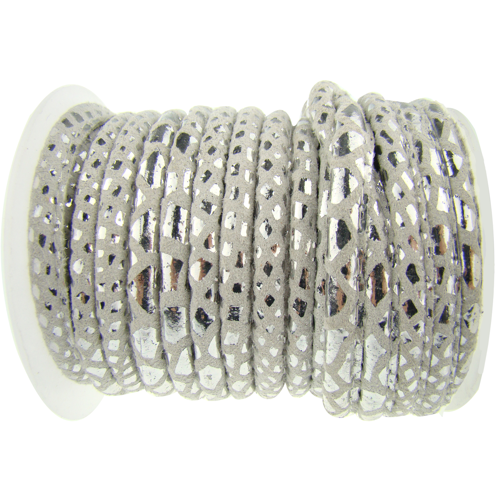 Lederschnur Oval gesäumt | Dicke:  5 mm - Muster Weiß-Silber. Länge: 5 m