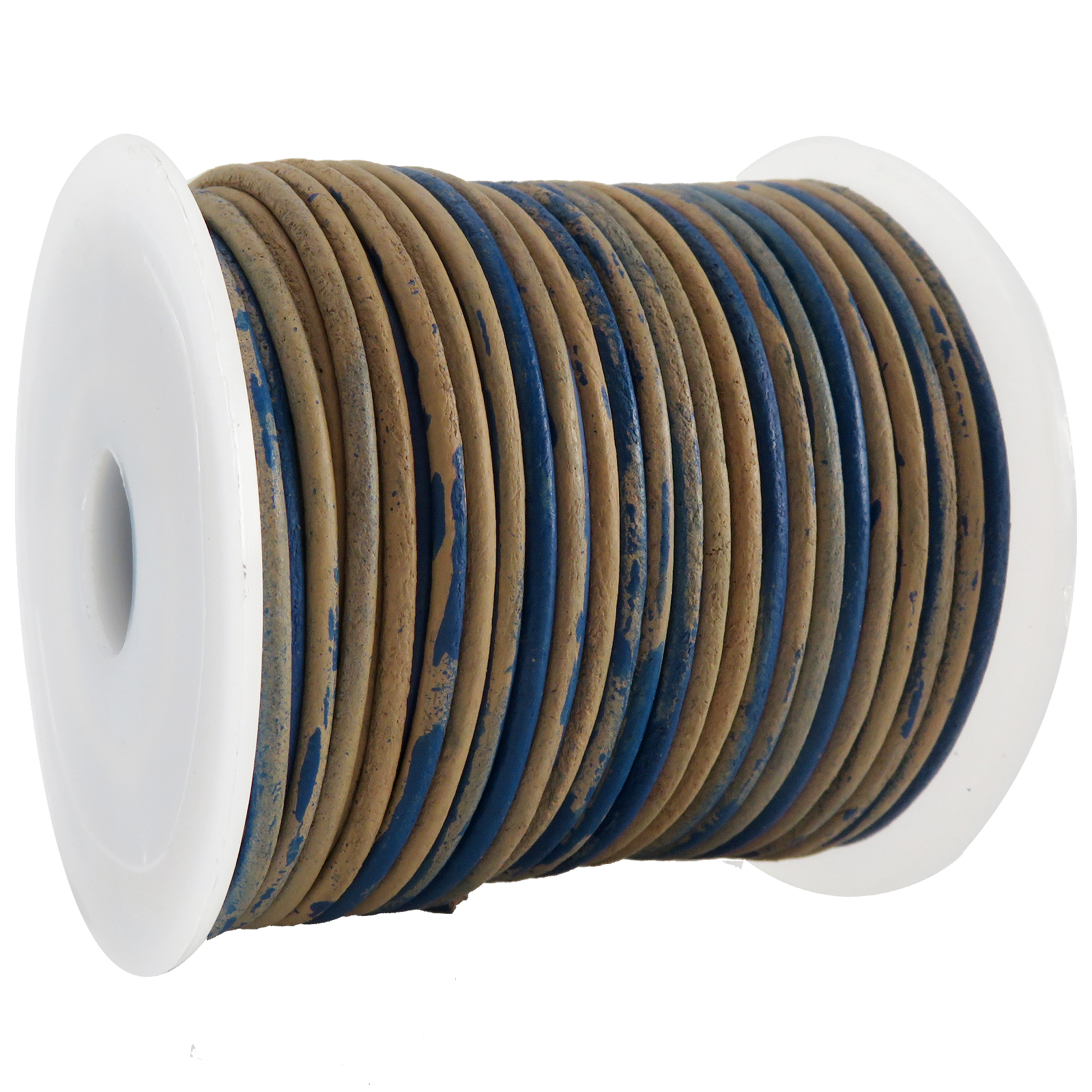 Lederschnur Rund 2 mm - Bicolor Blau/Beige. Länge: 25 m auf Rolle