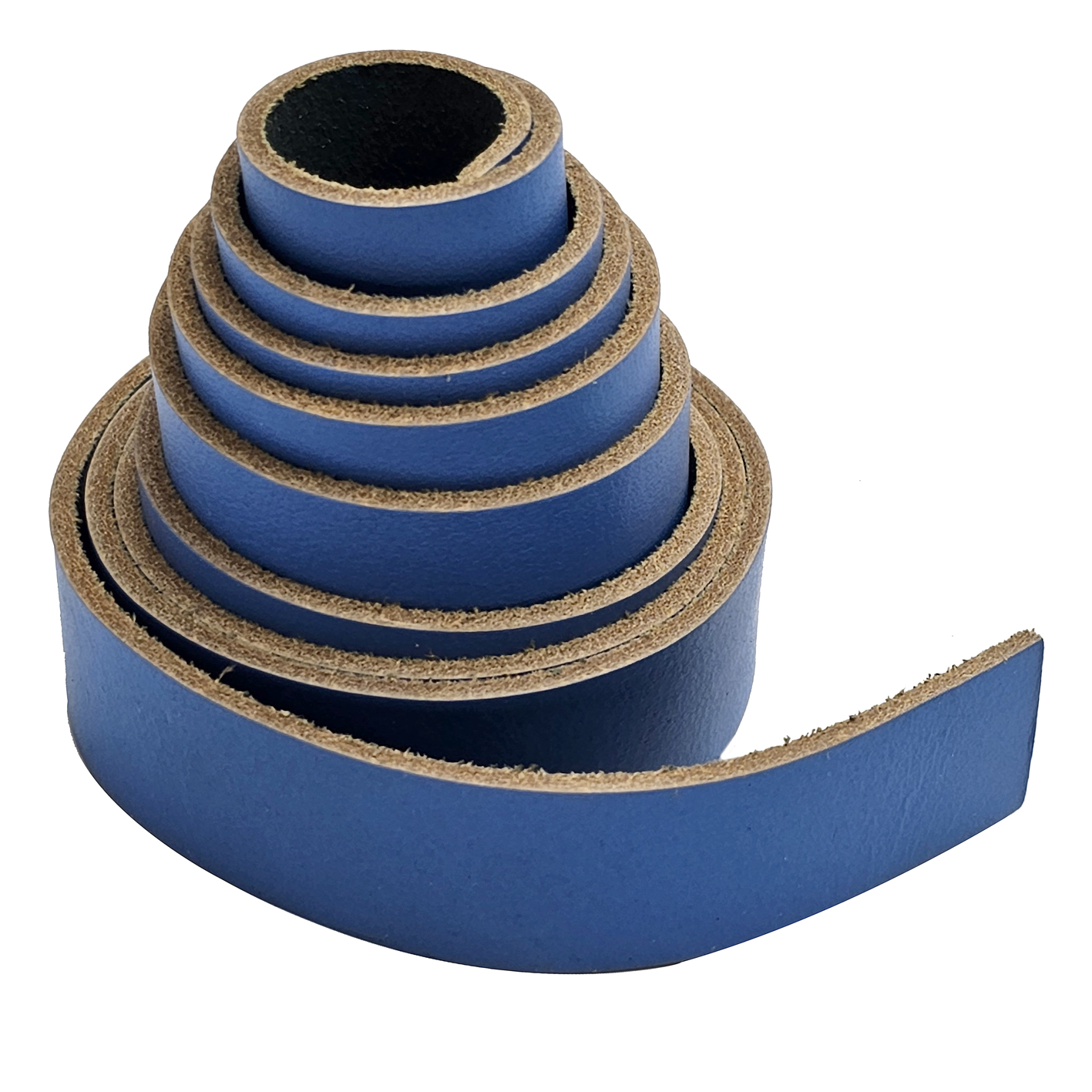 Flacher, weicher Lederriemen in einem leuchtendem Blau mit einer Länge von 1,5 Metern und einer Breite von 25 mm